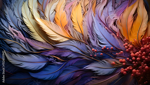 A vibrant display of colorful feathers and botanical elements in an artistic composition.