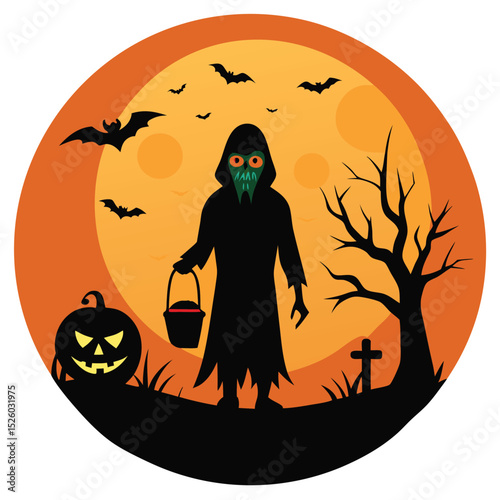 Spooky Halloween Night Grim Reaper, Bats, Pumpkin, Graveyard and Orange Full Moon