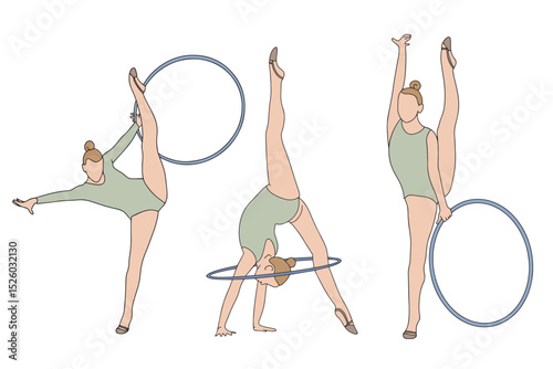 Young girls professional rhythmic gymnasts with hoops in doodle style. Colored hand drawn illustration. White background. Elegant slim girl with hoop - rhythmic gymnast. 