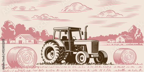 Vintage Tractor in Rustic Farmland Hay Bales and Countryside Scenery
