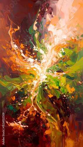 Abstract artwork depicting vibrant colors and dynamic forms, evoking energy and movement.