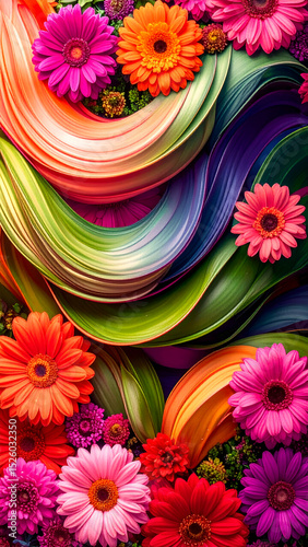 A vibrant floral design with colorful waves and assorted flowers.