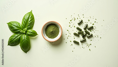 Triple Form Basil: Fresh Leaves, Ground Powder, and Herbal Capsules in Minimalist Wellness Composition