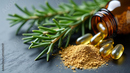 Elegant Trio of Rosemary: Fresh Sprigs, Powdered Herb, and Capsules on Dark Slate