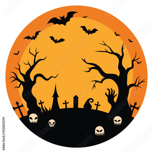 Spooky Halloween Night with Bats, Trees, Graveyard, Skulls and Orange Moon