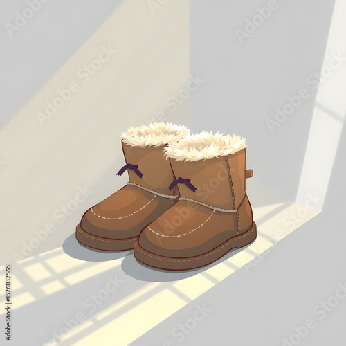 Cozy brown winter boots with fur inside on a light background  