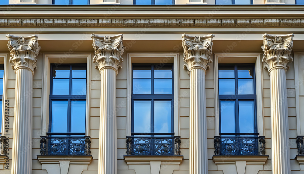 Fototapeta premium Neoclassical Building Facade With Columns and Windows, Representing Architectural Heritage and Real Estate Investment Opportunities