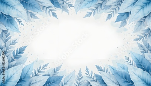 Pale Blue Leaves Botanical Banner with Soft Pastel Watercolor Border Frame