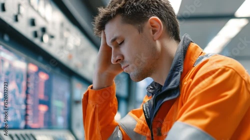 Frustrated Technician: Capturing the intense concentration and potential stress experienced by a male technician, working diligently amidst intricate control panels.