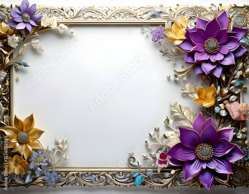 Ornate floral frame with vibrant flowers and intricate details for decoration.