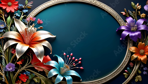 A decorative floral frame featuring vibrant flowers on a dark background.