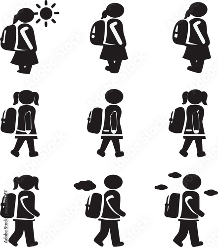 Silhouetted schoolchildren walking with backpacks representing different weather conditions and daily activities in a simple and clean style