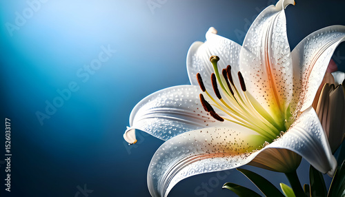 A close-up of a white lily with water droplets on its petals against a soft blue background.