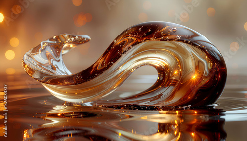 A stylized, glossy whale figure made of swirling liquid, reflecting light beautifully.