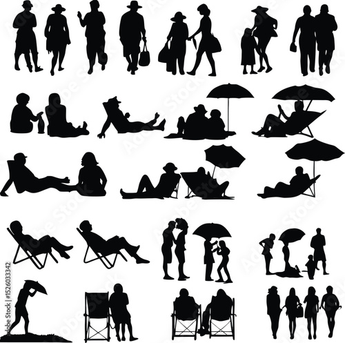 Silhouettes of people enjoying leisure activities at the beach and outdoors demonstrating holiday and relaxation concepts