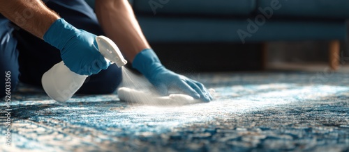 Person cleaning rug with spray cleaner indoors