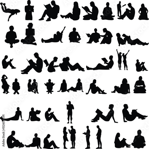 Silhouettes of people reading books or using devices in various relaxed poses a collection of figures