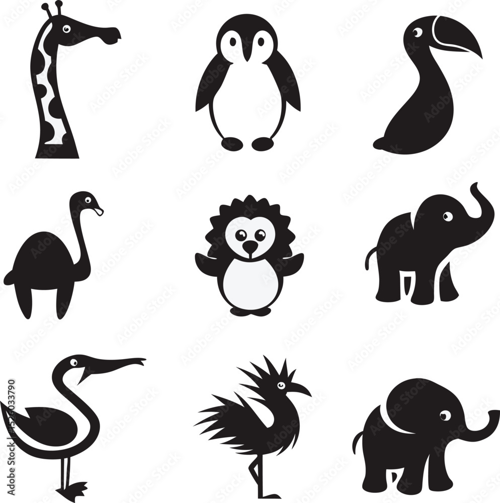 Simple black and white animal silhouettes featuring giraffe penguin elephant emu and others Simple black and white animal silhouettes featuring giraffe penguin elephant emu and others