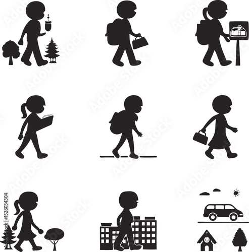 Stylized black and white illustrations of people walking in various scenarios including school commute and everyday activities