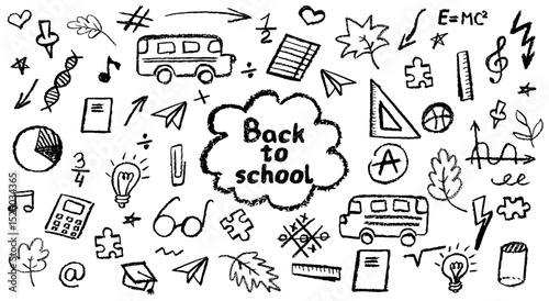 Charcoal school doodles on blackboard background. Fun hand-drawn icons for back to school themes. Cute childish education black pastel or wax pencil signs. Grunge vector illustration classroom symbols
