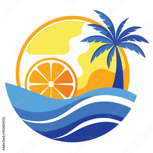 Stylized Beach Featuring Orange Slice, Palm Tree, and Ocean Waves in Circle Format