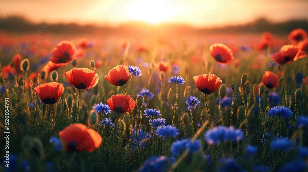 Obraz premium Sunset Poppy Field: A breathtaking panorama of vibrant red poppies and cornflowers bathed in the golden light of a setting sun, creating a serene and picturesque landscape.