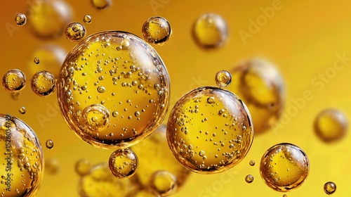 Close-up of bubbles suspended in golden cooking oil, symbolizing richness and fat content.
