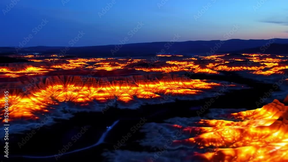 Aerial View of Glowing Landscape at Dusk, Fiery Terrain and Mountain Silhouette Aerial View of Glowing Landscape at Dusk, Fiery Terrain and Mountain Silhouette
