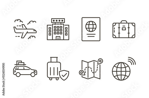 Travel and tourism icon set. Thin line editable stroke icons for trip planning, vacation, hotel booking, transportation, passports, luggage, maps, summer holidays and travel safety