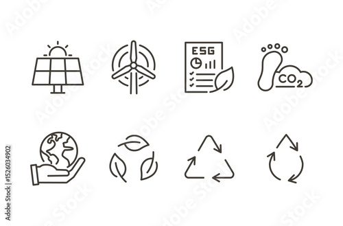 Sustainability ESG icon set. Thin line editable stroke icons for renewable energy, recycling, environmental impact, carbon footprint, green practices, water reuse, and planet care