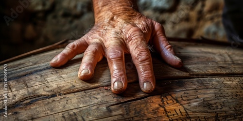 Winemaker touching old wooden barrel in winery cellar