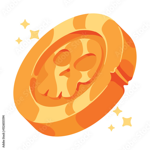 Golden Skull Coin Vector Illustration with Sparkling Stars