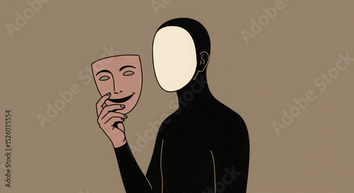 A faceless figure holds a mask with a smile, hiding an inner emptiness. A metaphor for apathy, depersonalization, and loss of personality. Conceptual graphics about mental health and fake emotions.