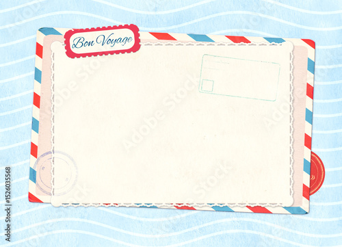 Horizontal travel background with retro postcard on vintage paper of blue color and wave pattern. Bon Voyage - Have a nice trip, in French. Topic of travel, trip abroad on vacation, cruises and tours