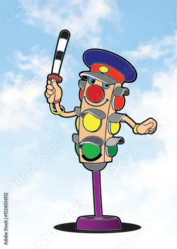034-03-traffic Cartoon traffic light character wearing police hat and holding stop sign, promoting road safety and traffic regulations. Hand drawn illustration
