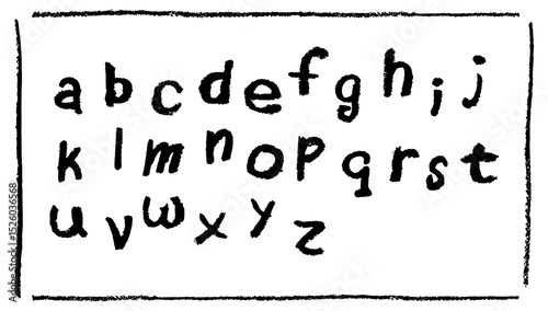 English alphabet hand-drawn in a crayon. Lowercase funny black letters in chalk, pastel, or wax style. Highlighter effect on white board for kindergarten drawing and learning. Vector illustration.
