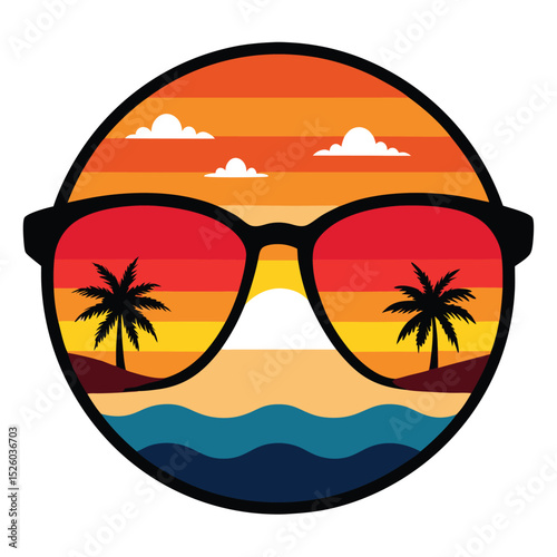 Sunglasses Reflecting Tropical Beach Sunset, Palm Trees, and Ocean Waves
