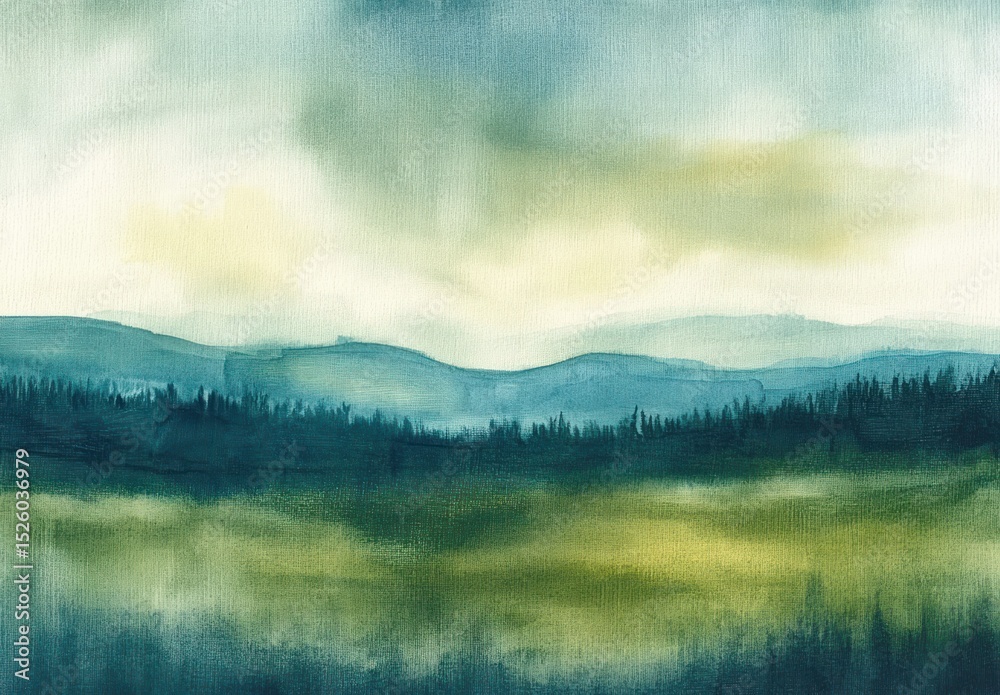 Fototapeta premium Peaceful watercolor landscape with layered blue and green hills and dense pine trees under a soft cloudy sky