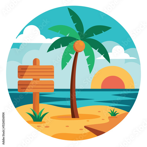 Tropical Beach Sunset Illustration with Palm Tree and Wooden Sign in Circle Composition