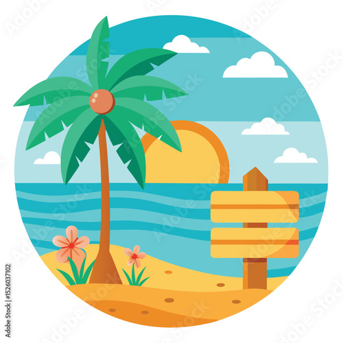 Tropical Beach with Palm Tree, Sunset, and Wooden Sign in Circle Frame