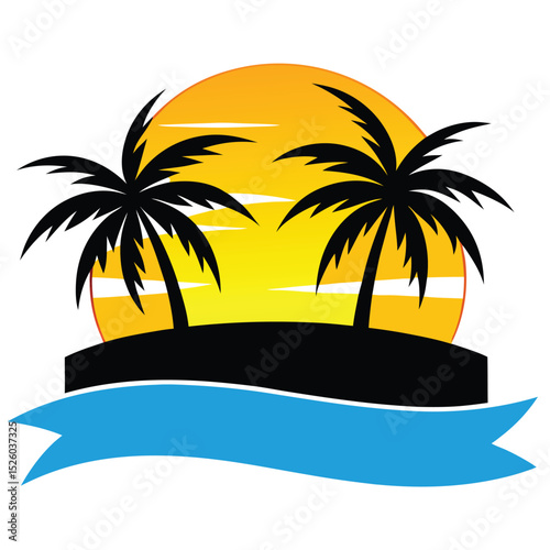 Tropical Island Sunset Palm Trees, Black Silhouette Land, and Ribbon Design