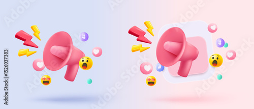 3d megaphone speaker or loudspeaker bullhorn for announce promotion in background, megaphone loud hailer with microphone, speakerphone. 3d icon vector render illustration for alert and announcement