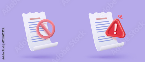 3D vector bill for payment transaction stop icon. Business invoice bill expenses idea concepts, no entry, problem, fail warning alert. 3d cartoon paper receipt icon vector render illustration