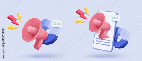 3d megaphone speaker or loudspeaker bullhorn for announce promotion, megaphone loudhailer with mobile phone in social media, speakerphone 3d icon vector render for alert and announcement on background