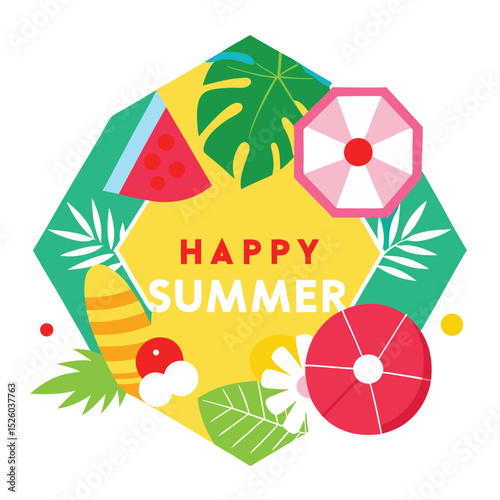 Vibrant Happy Summer with Tropical Elements, Beach Umbrella, Watermelon, and Fun Design
