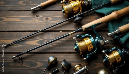 Well-worn fishing rods & spinning reels with assorted fishing accessories arranged on aged wooden surface , hobby, fishing