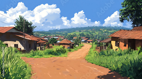 Colorful uganda town landscape in anime style cartoon background layer