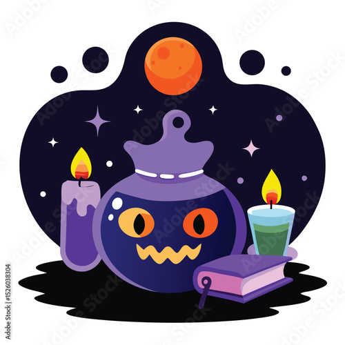 Whimsical Halloween Potion Illustration Candles, Book, Stars, and Moon in Dark Night