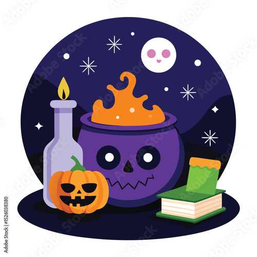 Whimsical Halloween Still Life Pumpkin, Potion, Book, Candle Under Moonlight Starry Sky