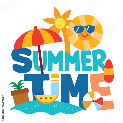 Whimsical Summer Time Illustration with Beach Umbrella, Sun, Watermelon, and Potted Plant Art